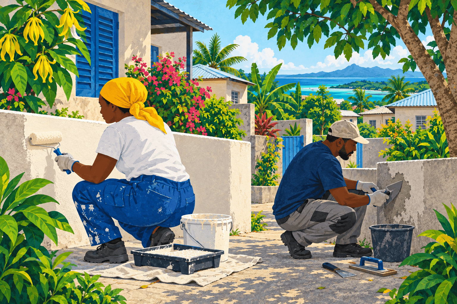 Illustration de travaux de peinture et de réparation d’un mur dans une cour de quartier.