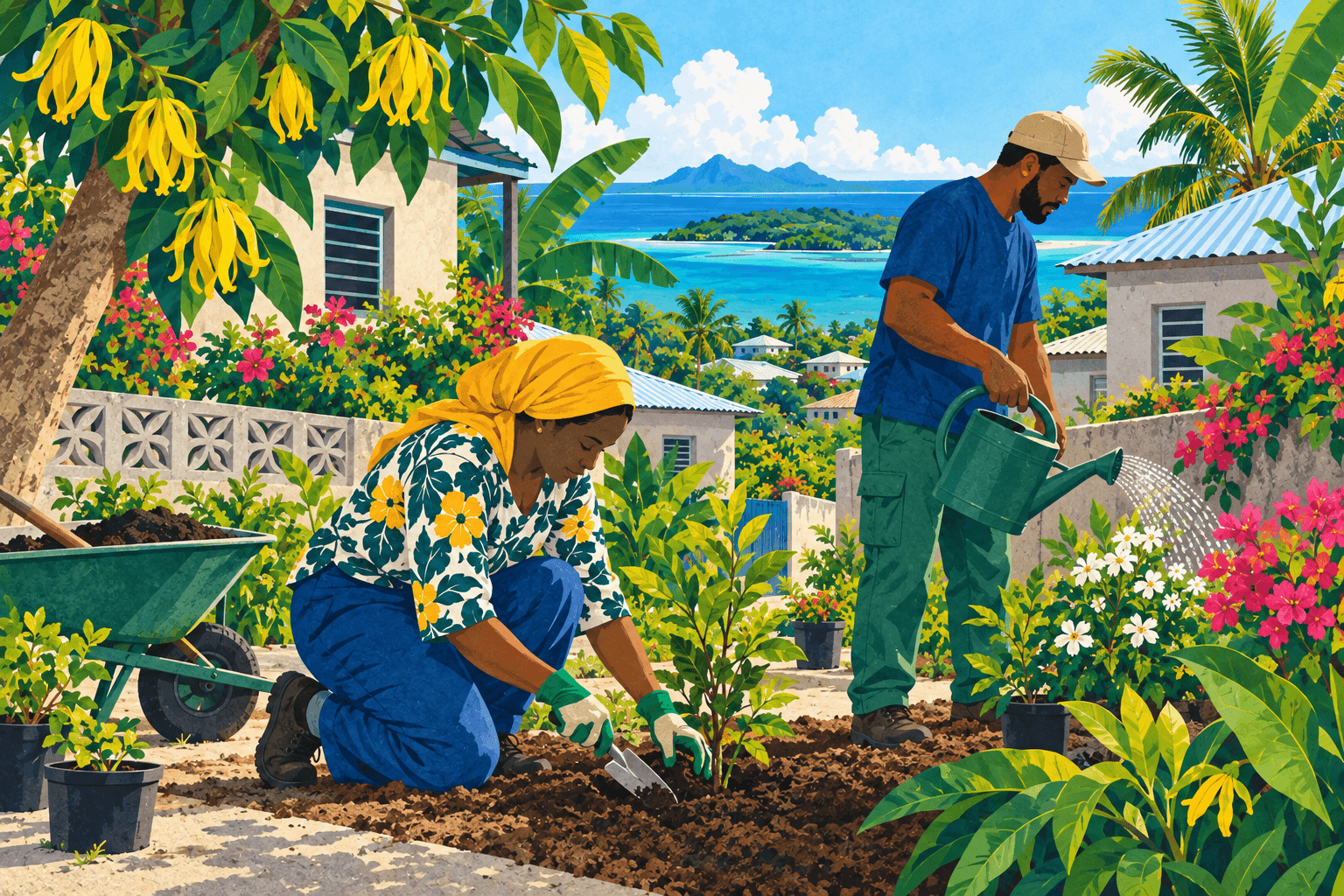 Illustration de deux personnes plantant et arrosant un jardin partagé dans un quartier de Petite-Terre.