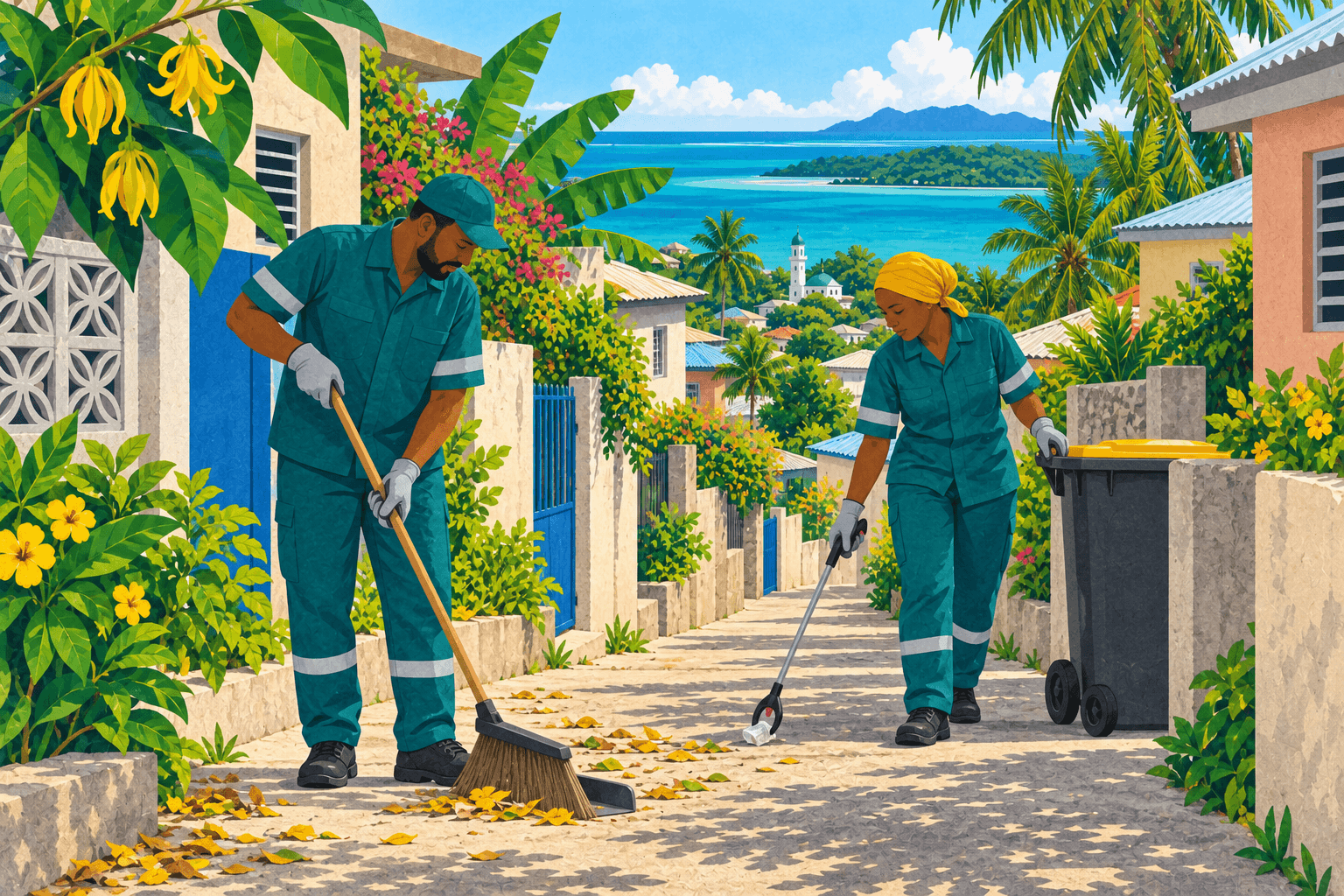 Illustration de deux personnes balayant une allée et ramassant des déchets dans un quartier tropical.