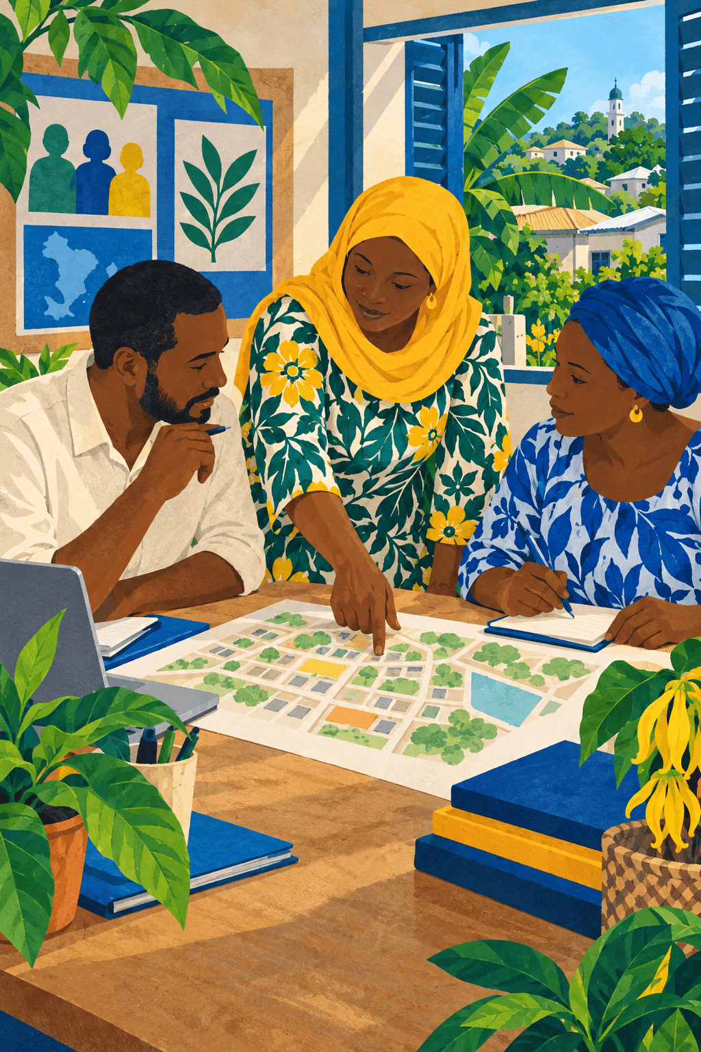 Illustration de personnes discutant d’un projet autour d’un plan.