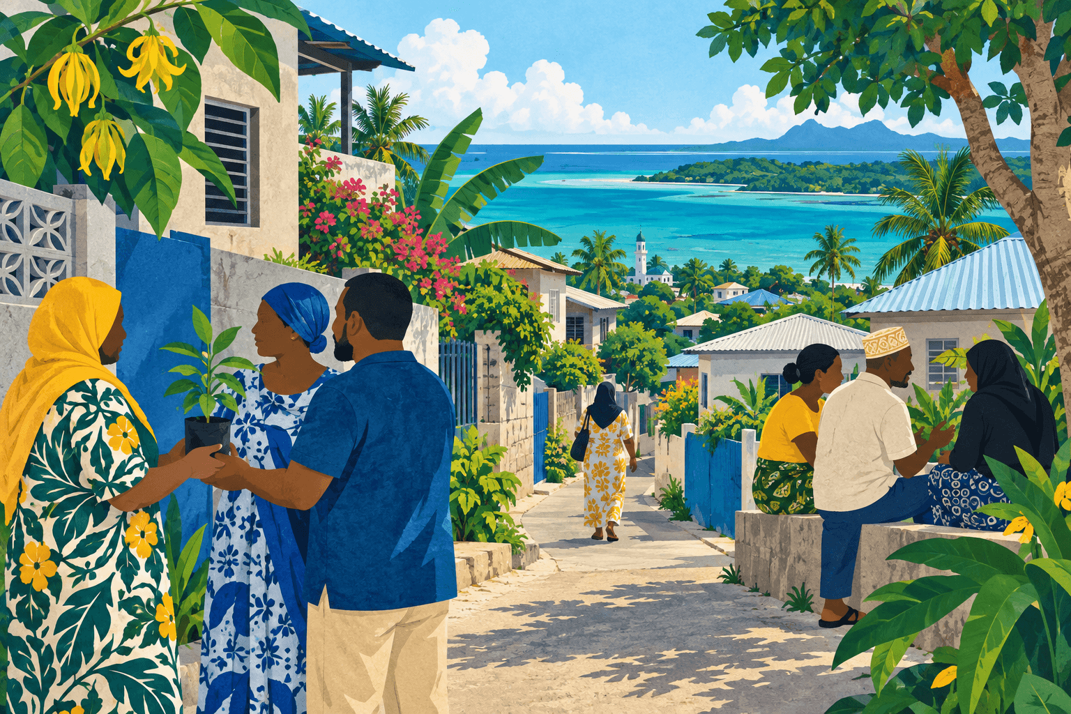 Illustration de voisins réunis dans un quartier tropical.